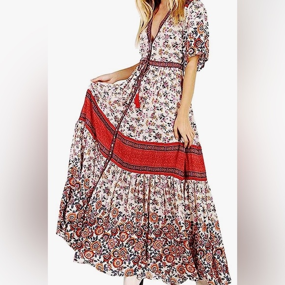 R. Vivimos Dresses & Skirts - BOHO floral button front drawing waist maxi dress with tassel tie Small